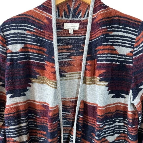 Lucky Brand Southwest Fringe Cardigan Size Large Navy Copper Burgundy Gray - Picture 4 of 8